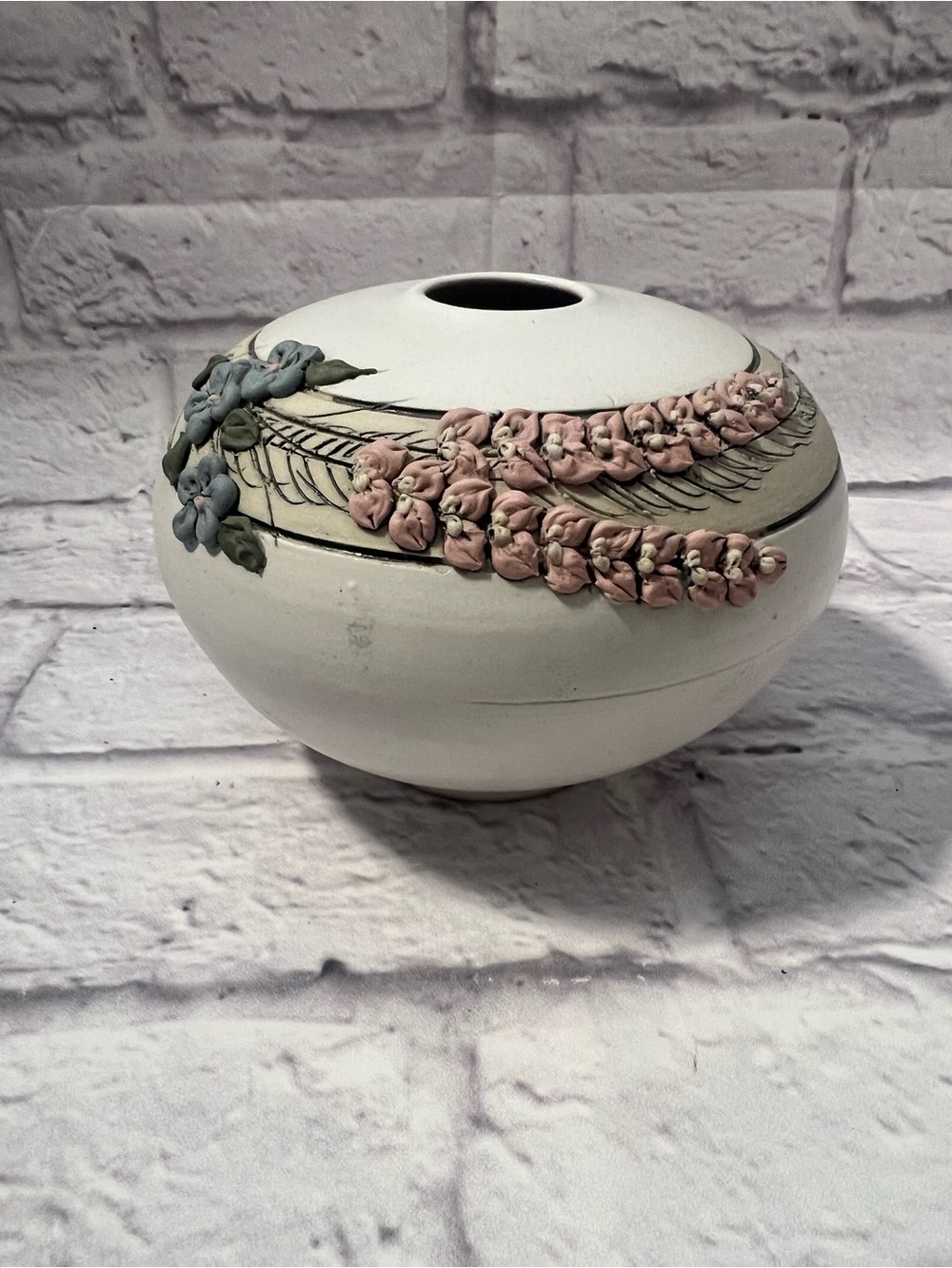 Signed Studio Pottery Handcrafted White Ceramic Floral Vase Pink & Blue Accents